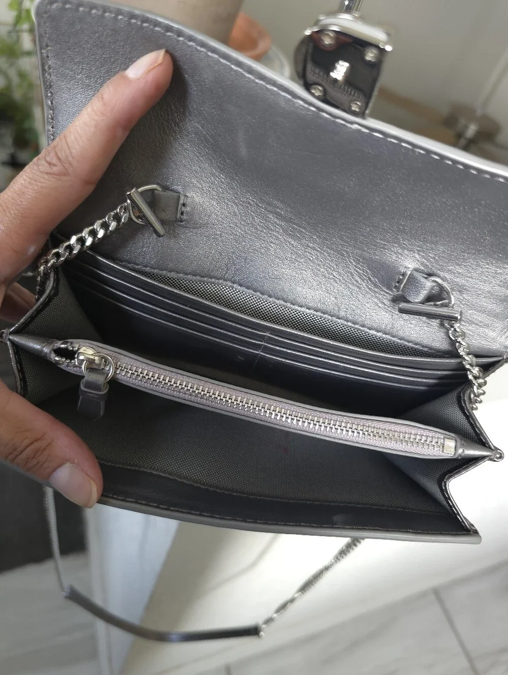 Cole Haan Metallic Silver Croc-Embossed Chain Crossbody Wallet